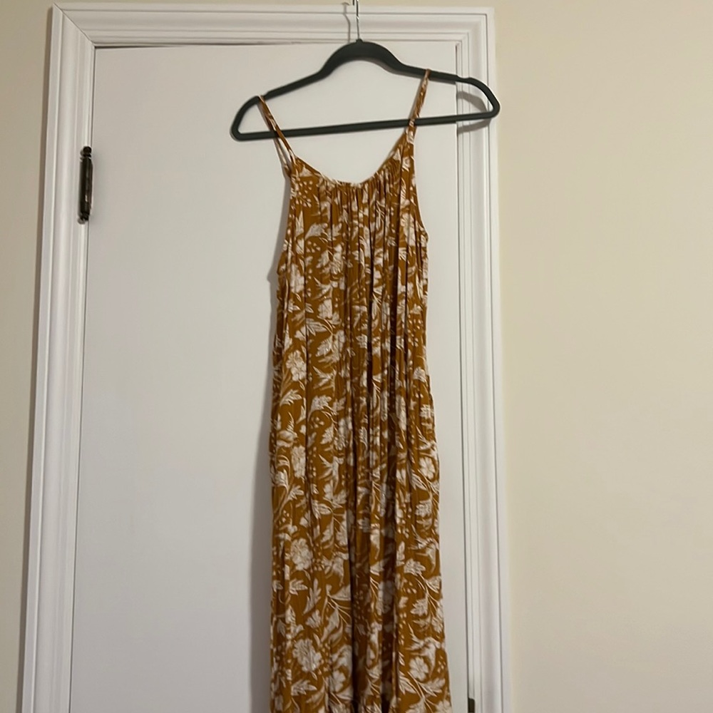 Mustard bird & floral print midi dress